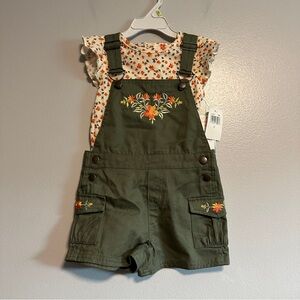 Little Lass Floral Embroidered Dark Green Overalls Kids 2PC Set NWT Size 4T